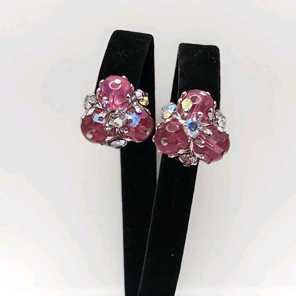 Vintage VOGUE Pink Glass Bead AB Rhinestone Cluster Clip On Earrings 1950s
